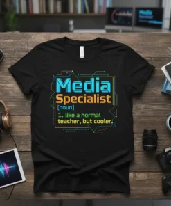 Media Specialist 1. like text design featuring bold typography on quality t-shirt