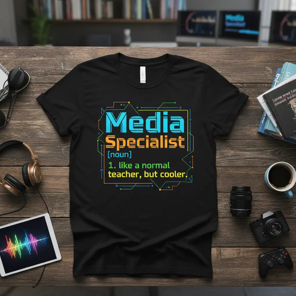 Media Specialist 1. like quote printed with unique artwork on breathable fabric t-shirt design