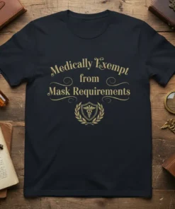 Medically Exempt from Mask Requirements quote on a dark navy t-shirt with golden decorative font and a caduceus emblem