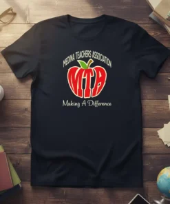 Navy t-shirt with red apple graphic and "Medina Teachers Association MTA Making A Difference" text