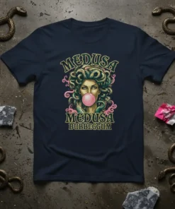 Medusa Bubbeggum t-shirt design featuring the Gorgon with snake hair blowing bubblegum, in vintage style