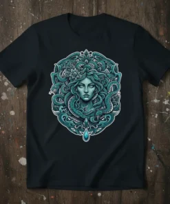 Medusa Snake Goddess T-Shirt featuring a detailed illustration of Medusa with snake hair and an ornamental border