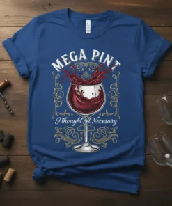 Mega Pint I Thought It Necesary quote on a blue t-shirt with a wine glass graphic and splash, perfect for