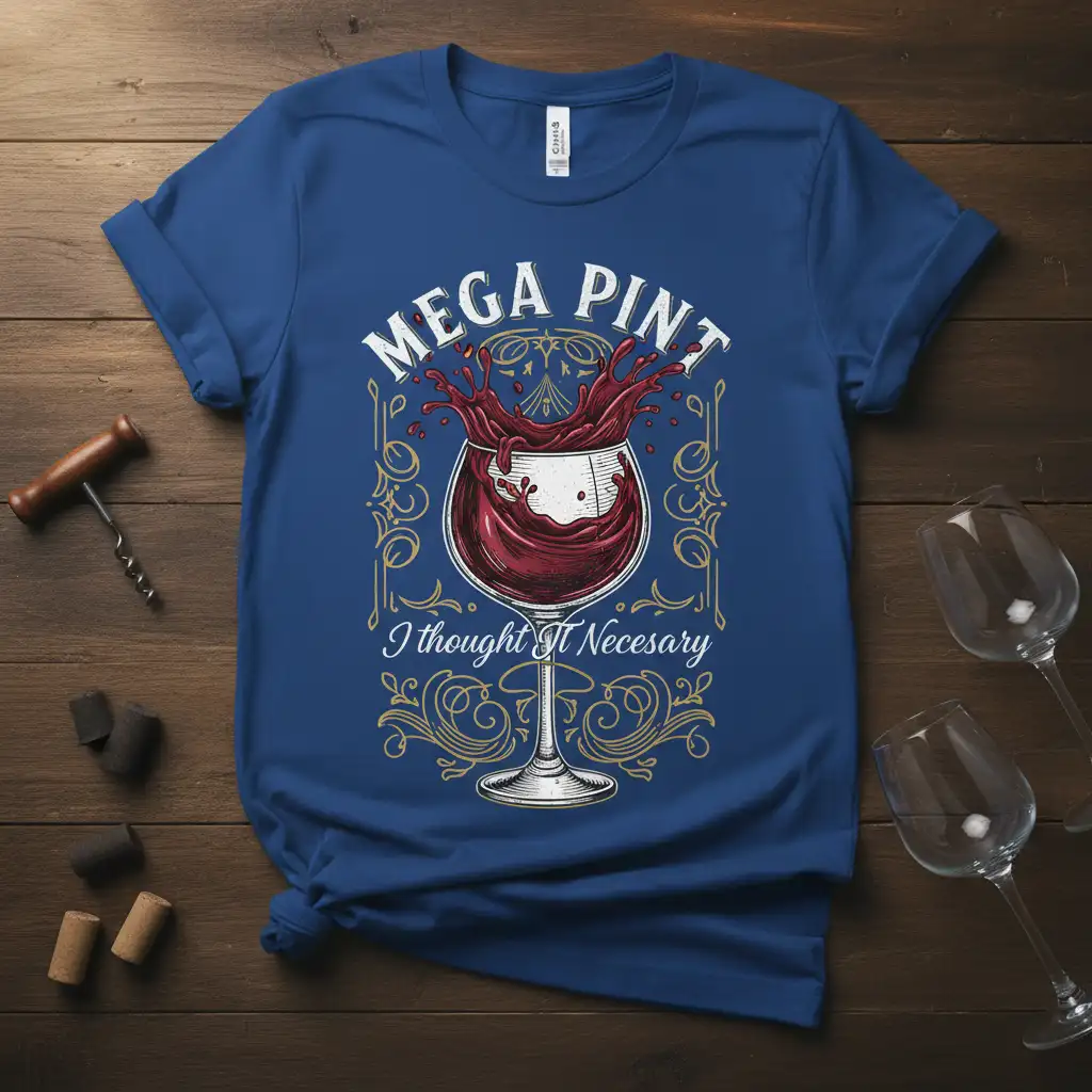 Mega Pint I Thought It Necesary quote with overflowing wine glass graphic on a blue t-shirt for wine enthusiasts
