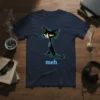 T-shirt with a grumpy black cat sitting and the word "meh" below it in neon blue text