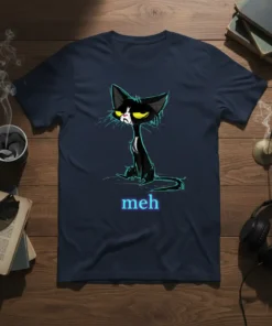 T-shirt with a grumpy black cat sitting and the word "meh" below it in neon blue text