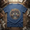 Steampunk sheep wearing hats with the word MEH above them on a blue t-shirt design