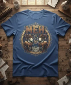 Steampunk sheep wearing hats with the word MEH above them on a blue t-shirt design