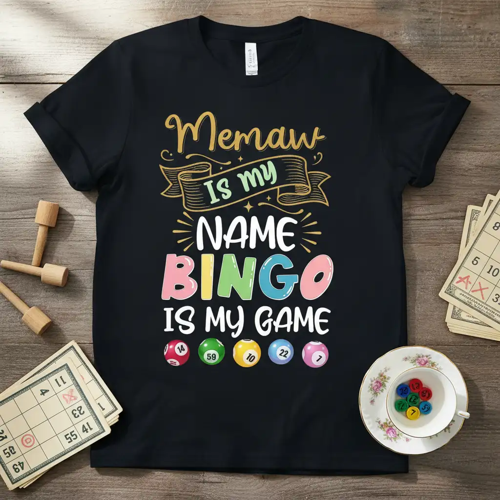 Memaw Is My Name Bingo Is My Game text with colorful bingo balls and playful font on a black t-shirt