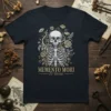 Memento Mori Et Vivere t-shirt with a detailed skeleton and floral design in gold and black tones
