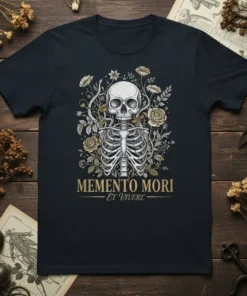 Memento Mori Et Vivere t-shirt with a detailed skeleton and floral design in gold and black tones