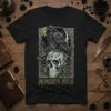 Memento Mori t-shirt design with a raven, skull, roses, and key in a gothic art style