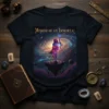 Memoir of an Immortal t-shirt with a wizard silhouette standing on a floating island in a colorful galaxy backdrop