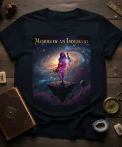Memoir of an Immortal t-shirt with a wizard silhouette standing on a floating island in a colorful galaxy backdrop