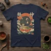 Menjin Ramen Hippo T-Shirt design featuring a cute hippo eating ramen with Japanese text and waves