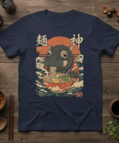 Menjin Ramen Hippo T-Shirt design featuring a cute hippo eating ramen with Japanese text and waves