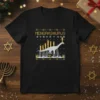 Menorasaurus t-shirt design featuring a dinosaur in front of a menorah with festive decorations