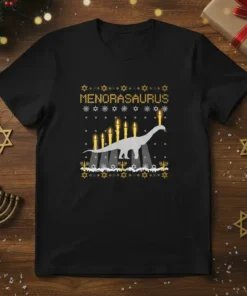 Menorasaurus t-shirt design featuring a dinosaur in front of a menorah with festive decorations