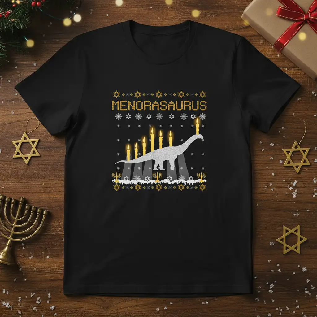 Menorasaurus dinosaur design with a menorah, festive Star of David, and snowflake patterns on a t-shirt