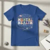 Mental Health Matters text with brain and floral design on a blue t-shirt