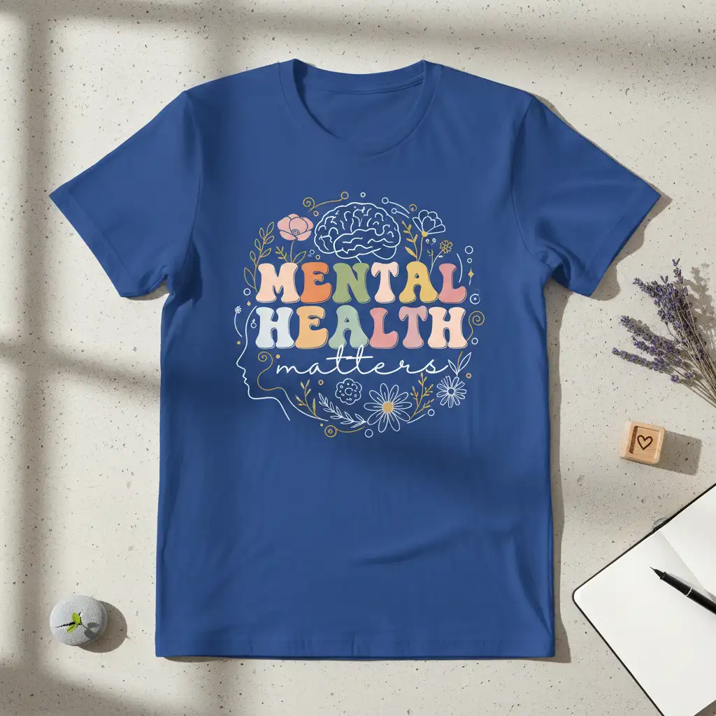 Mental Health Matters quote in colorful retro font with brain and floral wreath graphic