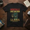 Black t-shirt with "Mentally Disturbed Llama" text and a cartoon llama smoking