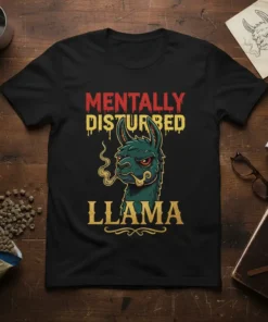 Black t-shirt with "Mentally Disturbed Llama" text and a cartoon llama smoking