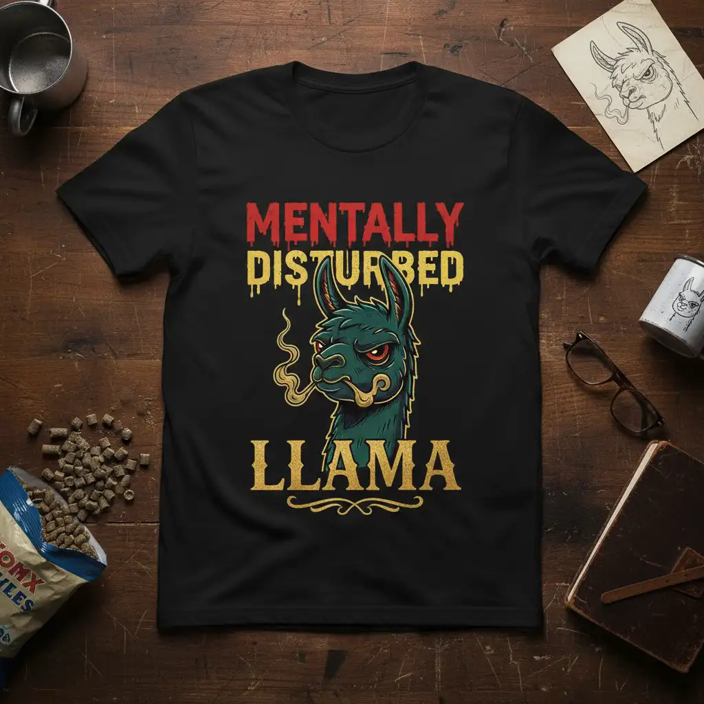 Mentally disturbed llama design with bold text and smoking llama graphic on a black tee