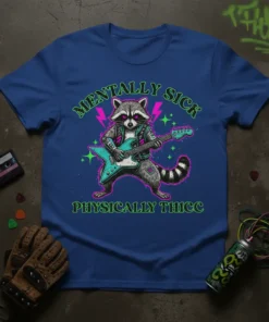 Mentally Sick Physically Thicc t-shirt design with a cool raccoon playing an electric guitar, surrounded by lightning bolts