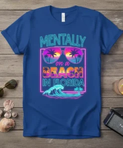 Mentally on a Beach in Florida neon retro design with sunglasses, palm trees, and ocean waves