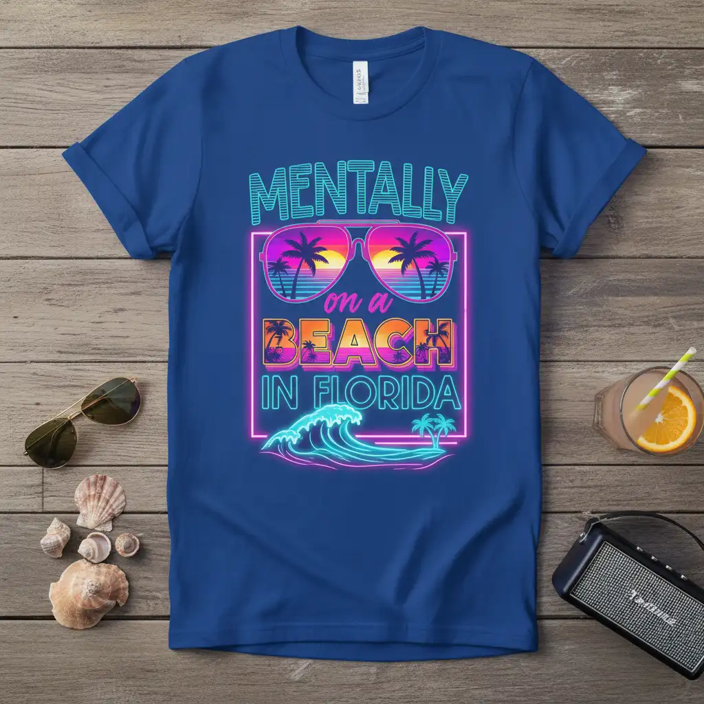 Mentally on a Beach in Florida neon retro graphic with sunglasses, palm trees, and waves