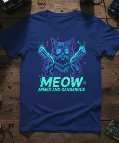 Meow Armed and Dangerous cyberpunk cat with neon sunglasses and guns, T-shirt design