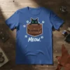 Meow Cat Bag T-Shirt design with a black cat peeking from a brown satchel and paw prints