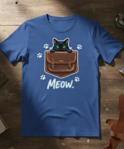 Meow Cat Bag T-Shirt design with a black cat peeking from a brown satchel and paw prints