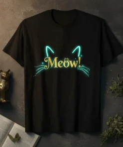 Black t-shirt with "Meow!" in golden glitter text, accented by blue cat ears and whiskers
