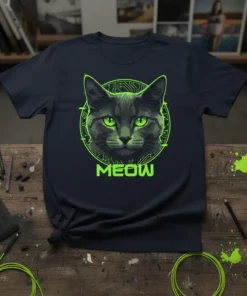 MEOW cat t-shirt design with a digital art black cat and circuit board pattern, bright green text