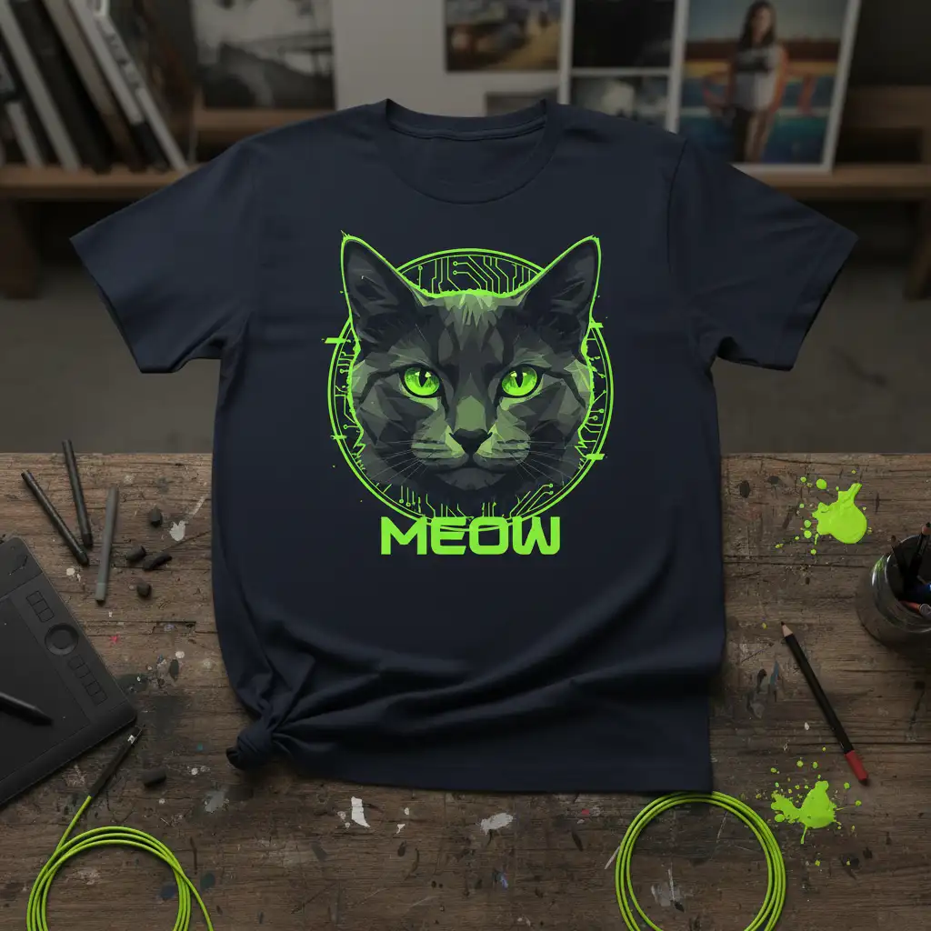 MEOW digital art cat graphic t-shirt design with circuit board elements and neon green text