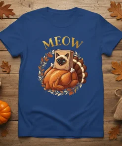 Meow Cat Turkey Thanksgiving T-Shirt with cat in a turkey costume and "MEOW" text, surrounded by autumn leaves