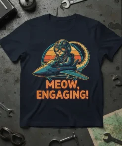 Meow, Engaging! text with a cartoon cat pilot in a jet plane, wearing a helmet and goggles