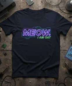MEOW. I AM CAT text in neon purple and green on a dark t-shirt with circuit board accents