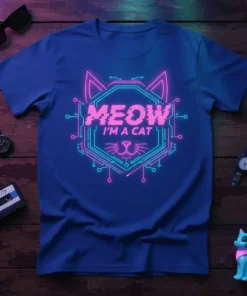 Meow I'm A Cat cyberpunk t-shirt design with neon pink and blue cat graphic and text