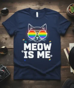 White text "MEOW IS ME" with a cat wearing rainbow sunglasses on a navy t-shirt, featuring small rainbow paw prints