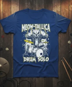 Meow-Tallica Drum Solo t-shirt design featuring a cool cat playing drums, with yellow and white text