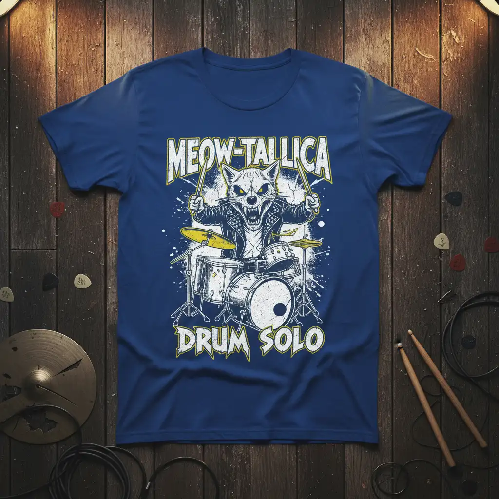 Meow-Tallica Drum Solo text and cool cat drummer graphic on a blue t-shirt