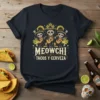 Meowchi Tacos y Cerveza skeleton band graphic tee with sugar skull musicians wearing sombreros and playing guitars