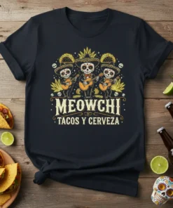 Meowchi Tacos y Cerveza skeleton band graphic tee with sugar skull musicians wearing sombreros and playing guitars