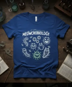 Meowcrobiology t-shirt with cartoon cats and microbes, white text and line art on blue shirt