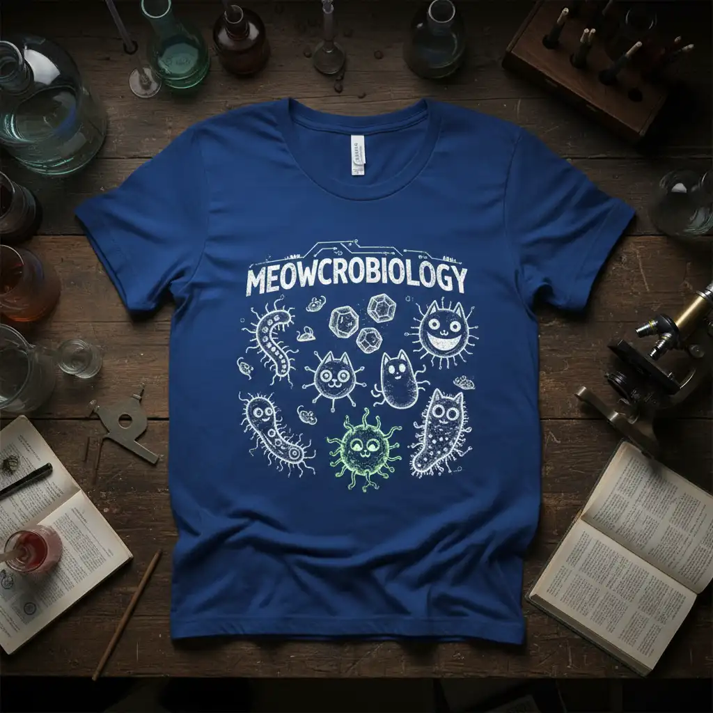 Meowcrobiology text and cute cartoon cats as microbes design on a blue t-shirt