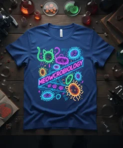 Meowcrobiology t-shirt design with neon cats and microbes, featuring the text MEOWCROBIOLOGY