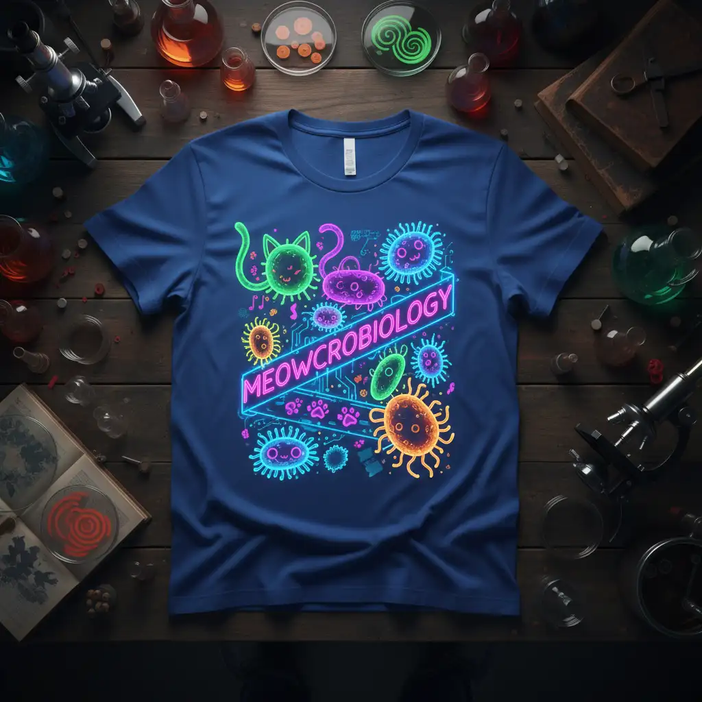 Meowcrobiology neon t-shirt design with cute cats and science microbes, perfect for biology students